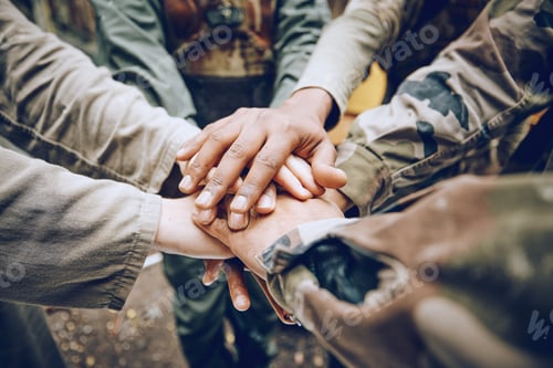Preview: Military, team work or hands in a huddle for a mission, strategy or motivation on a paintball battl
