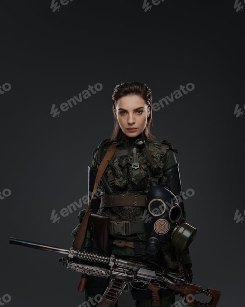 Preview: Portrait of a female soldier holding a homemade automatic rifle