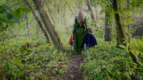 Preview: Two little toddler boys cosplay gnomes or hobbits with elf woman walking in green forest.