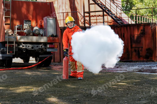 Preview: Fireman wearing fire protection suite and oxygen tank exercise hold extinguisher tank and pray