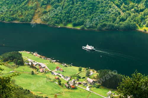 Preview: Pleasure Boat Ship Sailing Between Fjords. Village Near Sognefjo