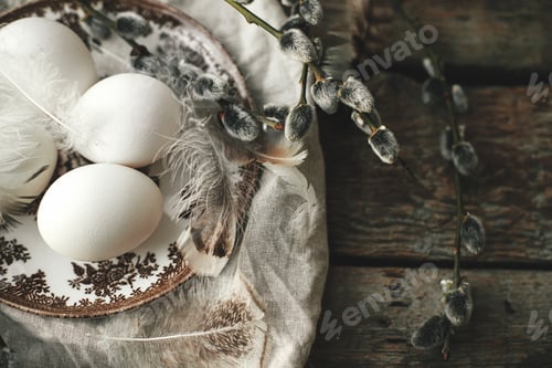 Preview: Natural egg in nest with feathers, vintage plate, willow and napkin on aged wood. Rustic still life