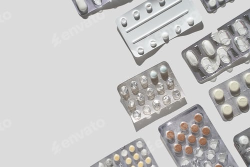 Preview: Various blister packs of pills and tablets arranged on a light surface