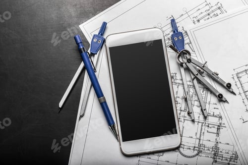 Preview: Construction planning drawings on black background