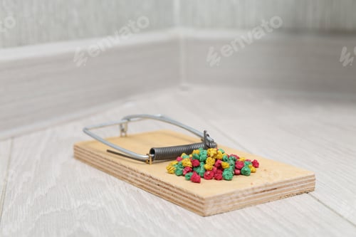 Preview: Mouse trap with rat poison on floor indoors, closeup