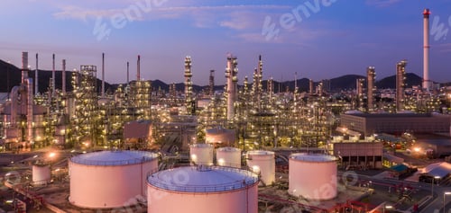 Preview: Aerial view oil and gas tank with oil refinery background at night