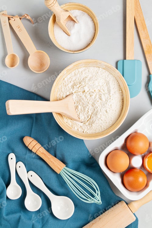 Preview: Rustic baking ingredients flat lay. Homemade pastry, baking. Top view flat lay background. Healthy