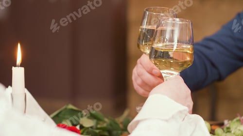 Preview: Senior couple raising toast during mealtime in a restaurant