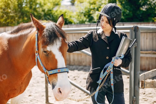 Preview: Beautiful woman standing with a horse