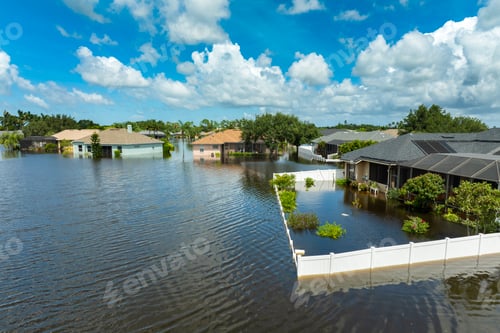 Preview: Hurricane flooded homes in residential community in Florida, USA. Aftermath of natural disaster