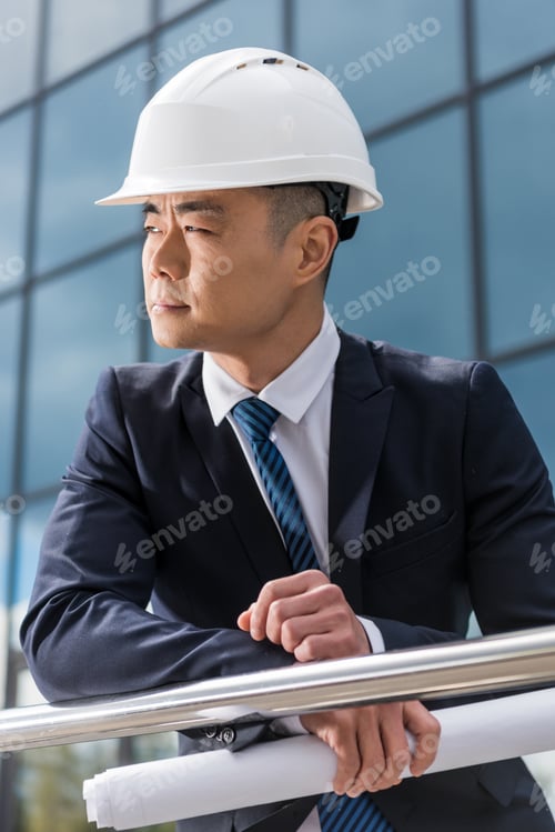 Preview: portrait of professional architect in hard hat holding blueprint