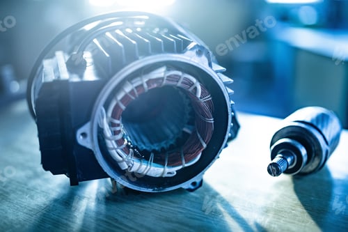 Preview: Close-up of a disassembled metal motor with wire