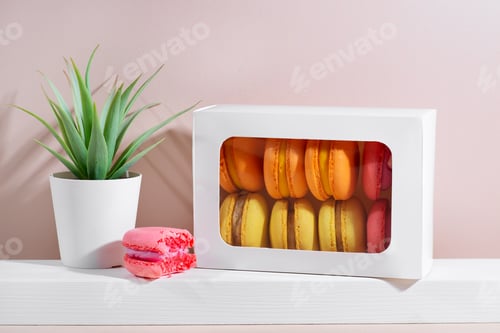 Preview: macarons in gift box mockup on a light background