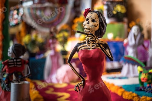 Day of the Dead Alter with Decorative Skeletons