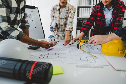 Preview: Engineers work as a team with blueprints for architectural plans. Engineer sketching construction pr