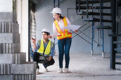 Preview: Asian male and female engineers wearing safety vests helmets inspect structural elements,review
