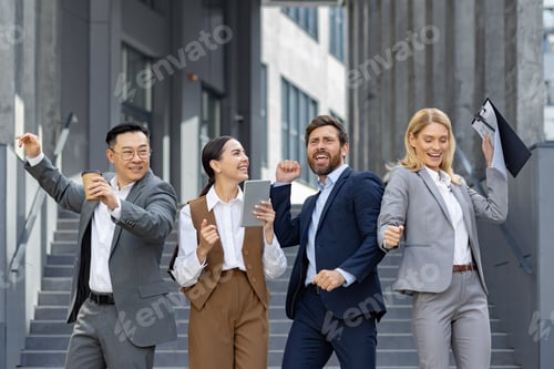 Preview: Excited business team celebrating success outside office
