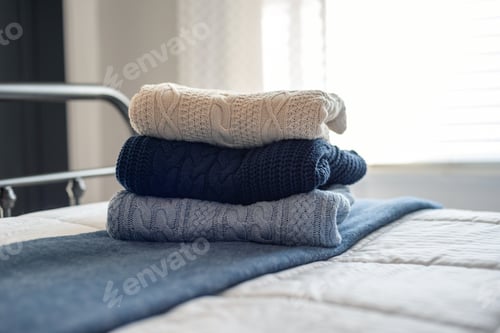 Preview: Stack of Knitted Sweaters on a Bed