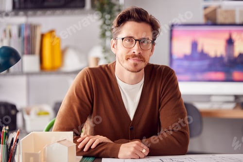 Preview: Portrait Of Male Architect In Office Working At Desk With Model Of Building