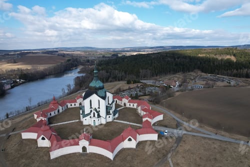 Preview: Aerial view of the Zelena Hora chapel-church by Zdar nad Sazavou, Unesco heritage, Czech republic