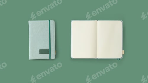 Preview: Photorealistic green leather notebook mockup on light green background.