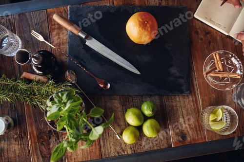 Preview: Set of bar accessories and ingredients for making a cocktail
