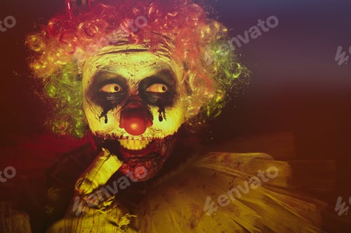 Preview: Terrifying clown in darkness. Halloween party costume