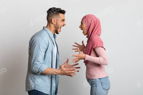 Preview: Relationship Crisis. Angry Islamic Spouses Shouting At Each Other With Rage