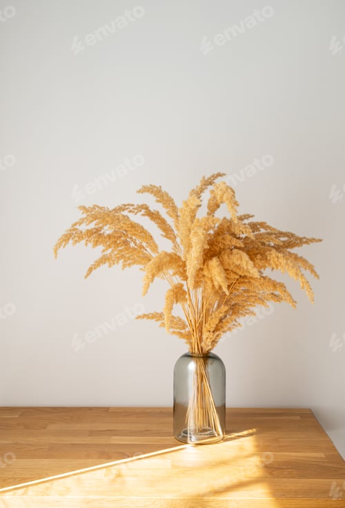 Preview: Stylish modern dry grass bouquet in glass vase on a wooden background in Scandinavian style