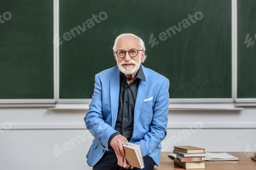 Preview: grey hair professor sitting on table in lecture room and holding book