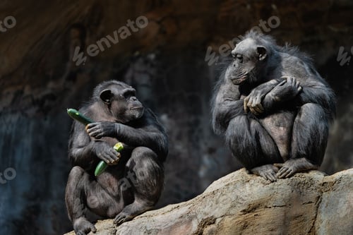 Preview: Two chimpanzees on a large rock in the zoo.