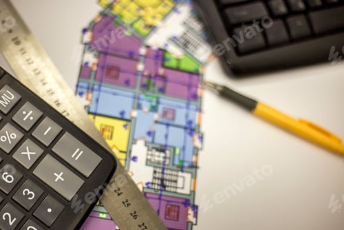 Preview: Top view of calculator, pen and ruler on blueprint plan of architecture building.
