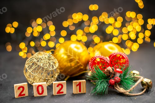 Preview: front view xmas hanging ornaments wood block xmas lights on dark background