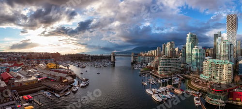 Preview: Panoramic Aerial View of Granville Island in False Creek with modern city