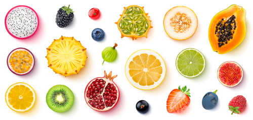 Preview: Fruits and berries isolated on white background, top view, flat lay