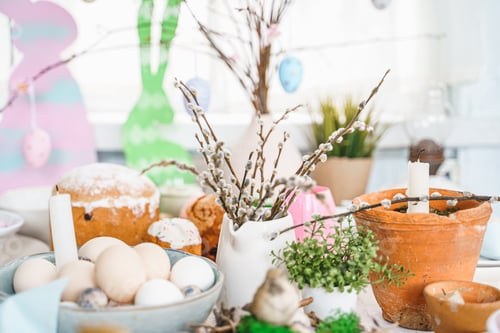 Preview: Table decoration for Easter celebration in kitchen.Tablescape for Easter holiday at home.Family reli