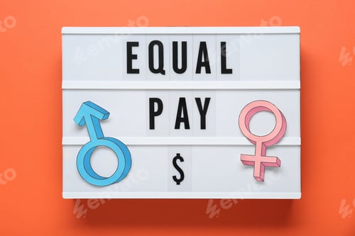 Preview: Equal pay. Lightbox and paper gender symbols on orange background, top view