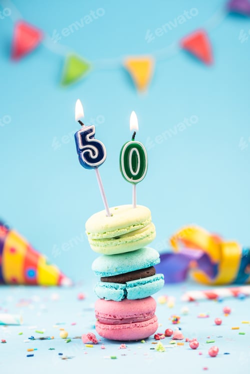 Preview: Fiftieth 50th Birthday Card with Candle in Colorful Macaroons an