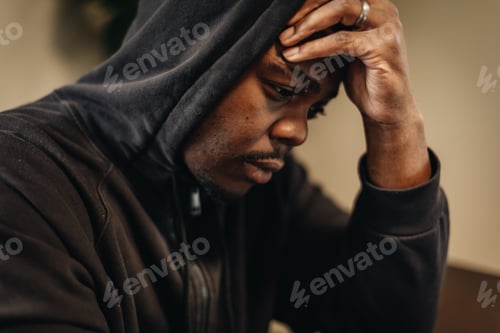 Preview: Young millennial African American or black man in black hoodie looking sad or depressed at home