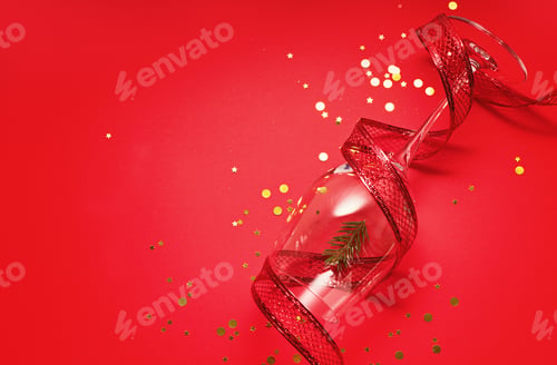 Preview: Christmas decor on red festive background with copy space, flat lay.