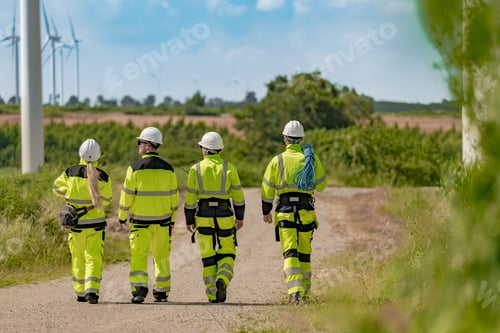 Preview: group of engineers in high visibility gear stands at a wind farm