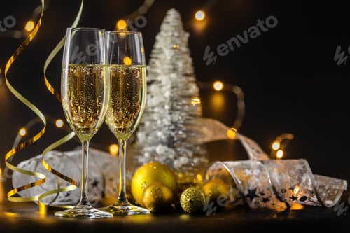 Preview: Two glasses of champagne or wine with bokeh background with christmas ball and tree