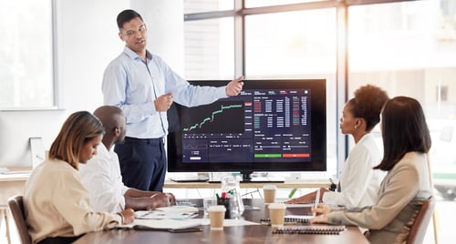 Preview: Business people, coach and stock market presentation in meeting for trading, graph and chart monito