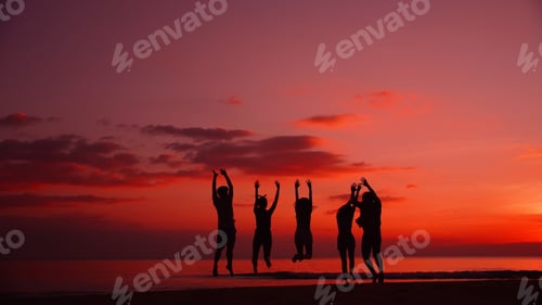 Preview: Back view silhouette. A group of young Asian friends having fun on the beach at sunset.