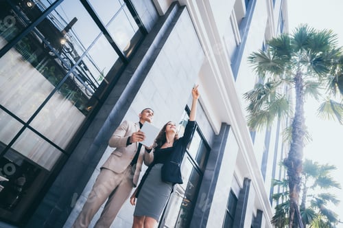 Preview: professional business worker person, woman meeting businessman in the morning