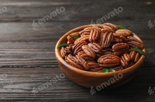 Preview: Dish with tasty pecan nuts on wooden table