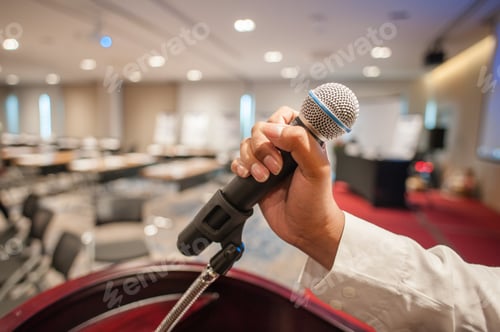 Preview: Hand presentation man holding microphone for present something.