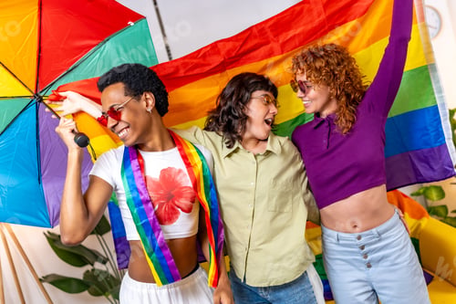 Preview: Multi-ethnic friends waving lgbt rainbow flag and dancing