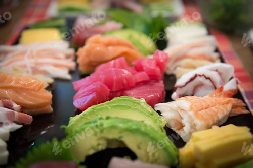 Preview: Sushi Temaki style platter full of fresh vegetables and raw fish