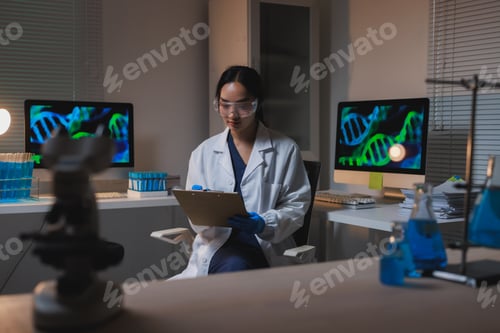 Preview: Female scientist researching dna structures in a modern laboratory